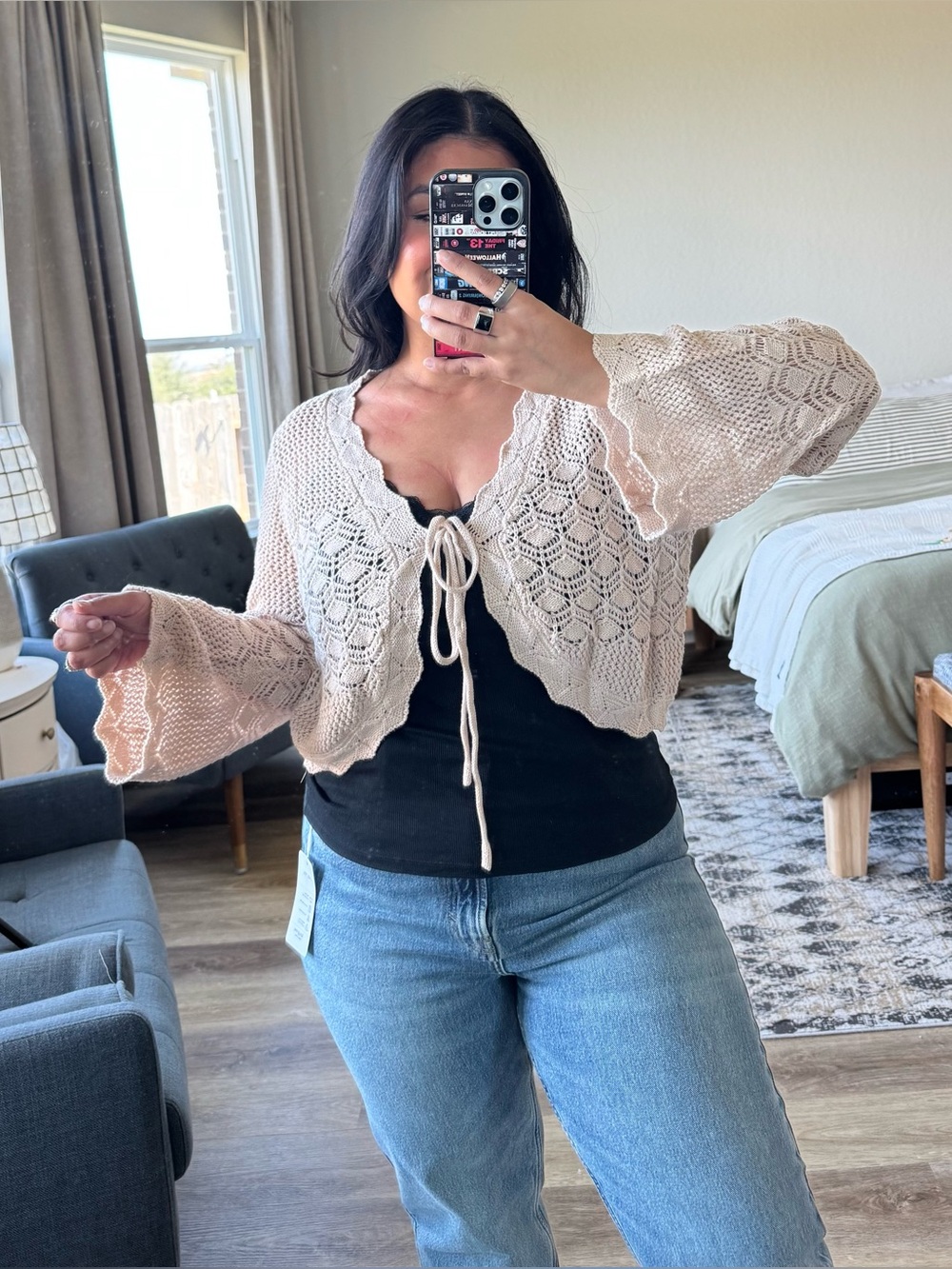 Scallop Trim Drawstring Flare Sleeve Hollow Cardigan (10)